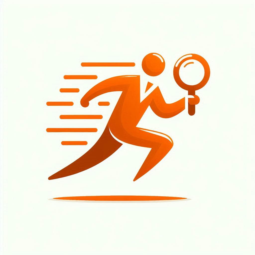 Orange logo featuring an in-motion scientist holding a magnifying glass. Represents speed, education, science, and entertaining science content delivery