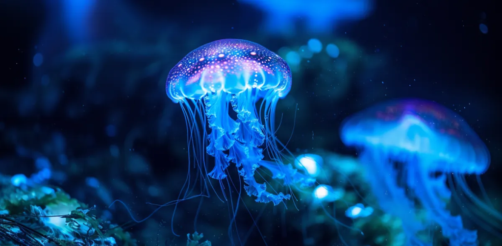 Jellyfish with Bioluminescence glowing on the sea